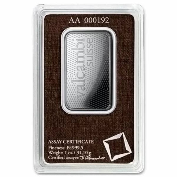 Valcambi 1 oz Palladium Bar Bullion (New in Assay)