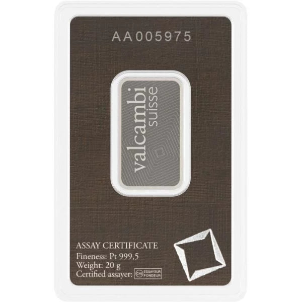 Platinum 20 Gram Valcambi Bar Bullion in Assay