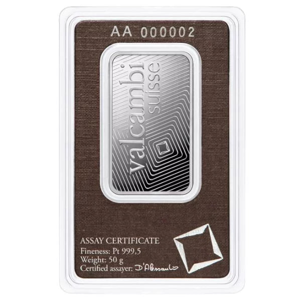 Platinum 50 Gram Valcambi Bar Bullion in Assay