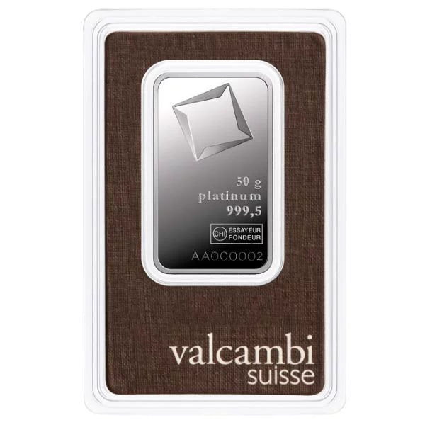 Platinum 50 Gram Valcambi Bar Bullion in Assay
